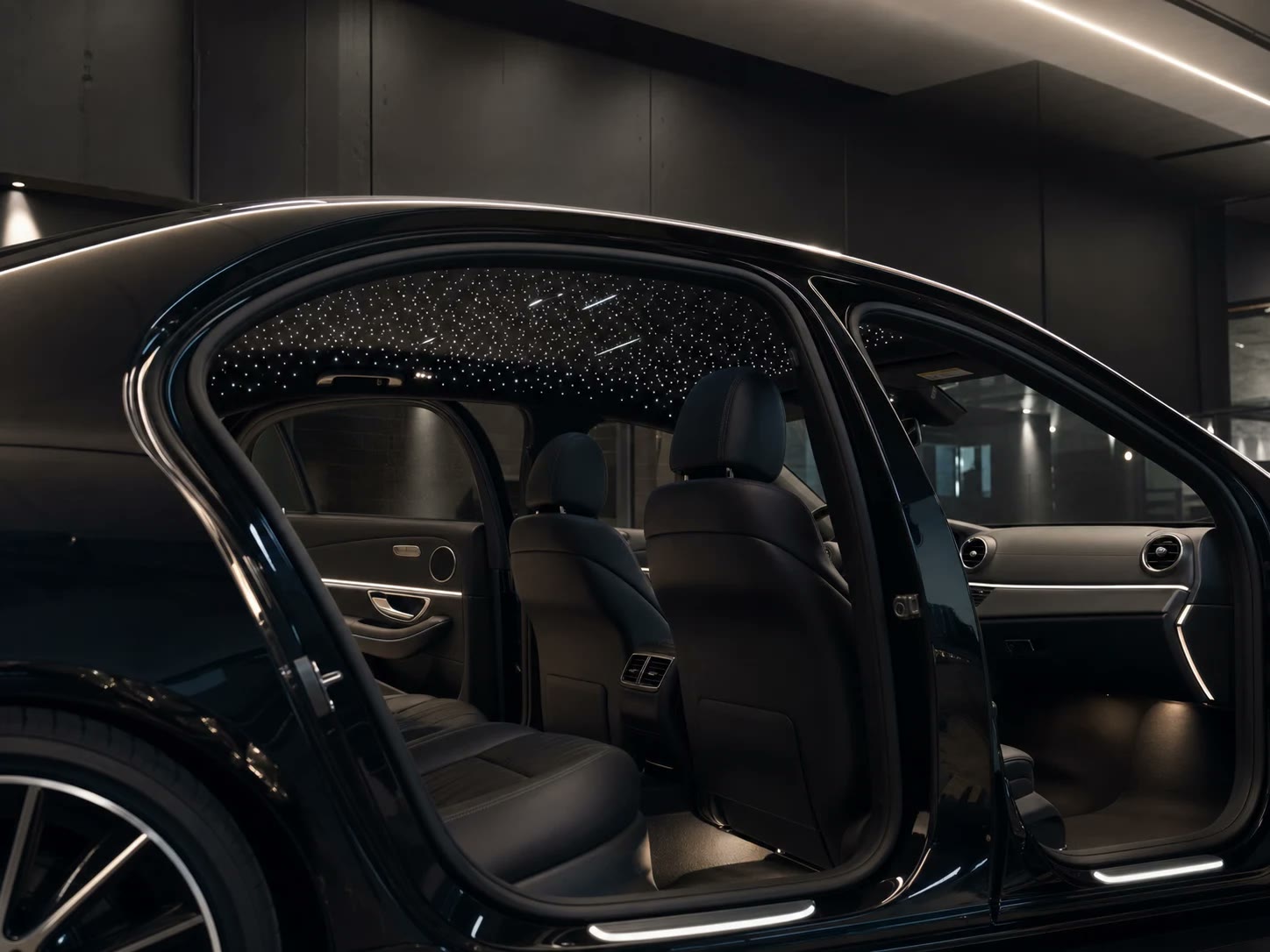 Signature ice-white starlight headliner concept in a black luxury sedan