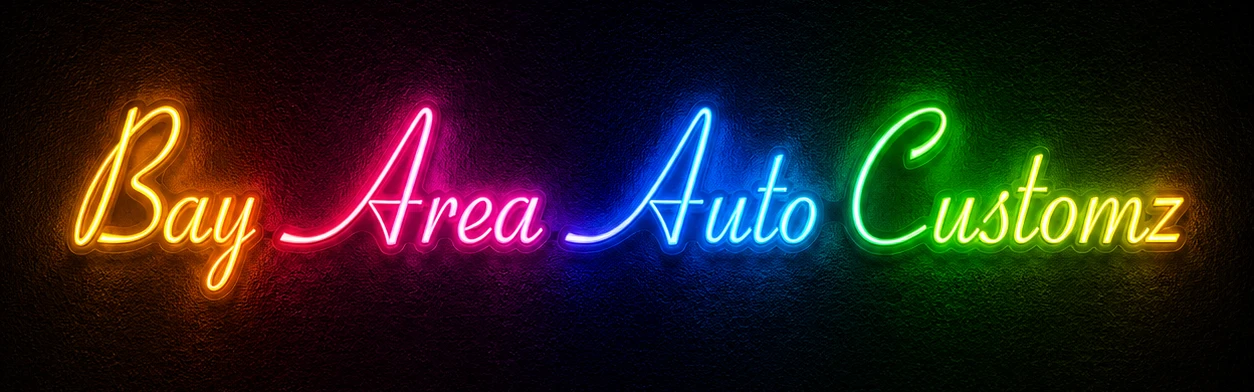 Bay Area Auto Customz in rainbow neon script lettering